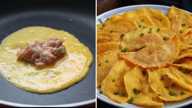 金燦燦的蛋餃，鮮嫩多汁，製作超簡單，用鍋用勺都能製作